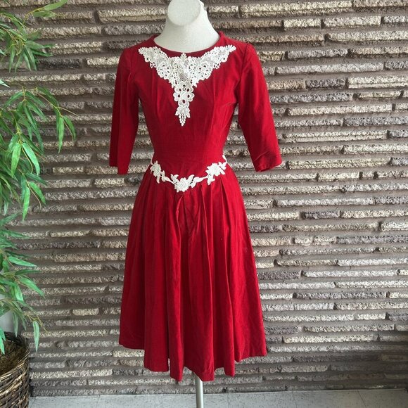 Vintage 60s Handmade Red Velvet Lace Accents Full Skirt Dress - Picture 8 of 8